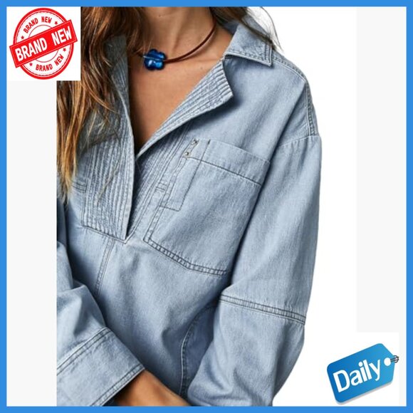 Denim Pullover Blouse Loose Fit Long Sleeve V Neck Button Front Pocket - Picture 4 of 7
